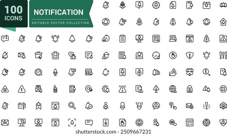 Conjunto de iconos de línea de notificación. Contiene iconos como silencio, aviso, campana de notificación y más. Pixel perfecto, Web minimalista e icono de interfaz de usuario. Colecciones de iconos de esquema.