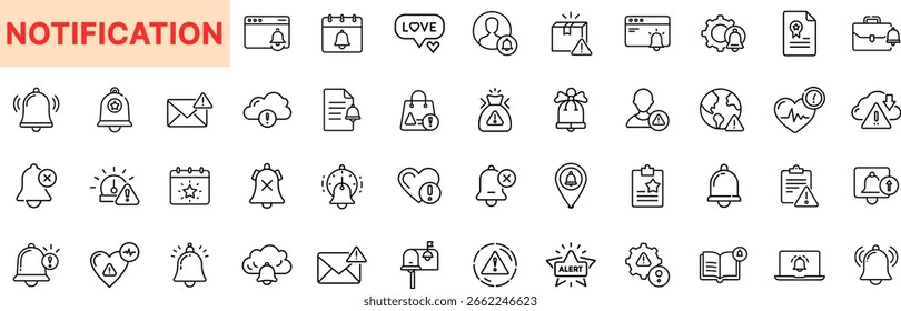 Conjunto de Ícones de Linha de Notificação com Alerta Bell, Lembrete de Calendário, Crachá de Mensagem, Email, Símbolo de Aviso, Pop-up Heart, Pin GPS, Notificação Móvel, Alerta de Prioridade, Lembrete de Documento e Ícone de Alarme