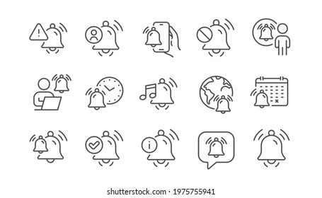 Notification line icons. Alarm Clock, Calendar Reminder, Notification Bell. User Message Alarm, Phone ring, Sale offer line icons. Time reminder, Delivery notification and calendar bell. Vector