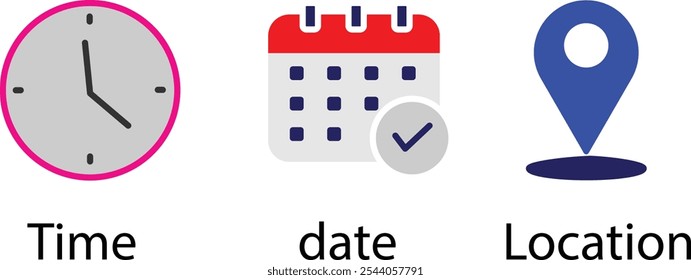  Notification line icons. Calendar, address location pointer and alarm bell. Place, Time, Date and Place, Time, Date and Notification line icon Notice alert, business schedule and office time clock. 