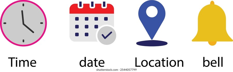  Notification line icons. Calendar, address location pointer and alarm bell. Place, Time, Date and Place, Time, Date and Notification line icon Notice alert, business schedule and office time clock. 