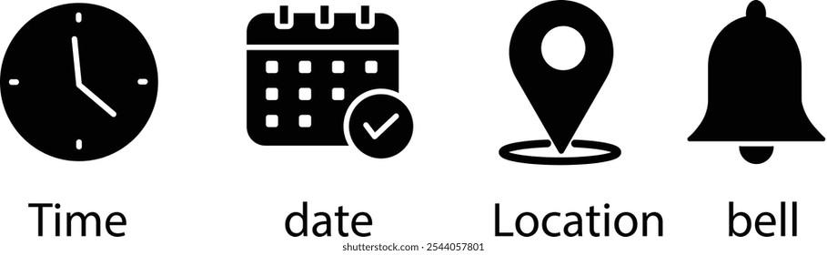  Notification line icons. Calendar, address location pointer and alarm bell. Place, Time, Date and Place, Time, Date and Notification line icon Notice alert, business schedule and office time clock. 