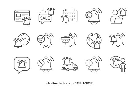 Notification line icons. Calendar Reminder, Alarm Clock, Notification Bell. User Message Alarm, Phone ring, Sale offer line icons. Time reminder, Delivery notification and calendar bell. Vector