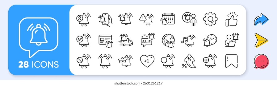 Notification line icons. Interest rate, AI generate, Inflation icons. Alarm Clock, Calendar Reminder, Notification Bell. User Message Alarm, Phone ring, Sale offer line icons. Vector
