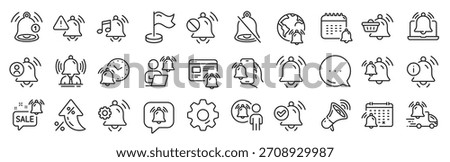 Notification line icons. Settings gear, Message, Inflation icons. Alarm Clock, Calendar Reminder, Notification Bell. User Message Alarm, Phone ring, Sale offer line icons. Vector