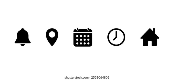 Notification, location, calendar, time, and home icon illustration. Bell, map pin, date, clock, and house sign symbol