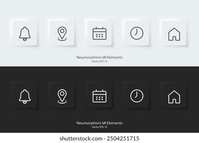 Icono de notificación, ubicación, fecha, hora y Dirección. Icono de línea. Un conjunto de Botones cuadrados con símbolos. Diseño de elementos de neumorfismo 3d para App, Sitios web e interfaces. UI UX Ilustración vectorial.