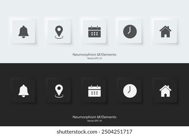 Icono de notificación, ubicación, fecha, hora y Dirección. Un conjunto de Botones cuadrados con símbolos. Diseño de elementos de neumorfismo 3d para App, Sitios web e interfaces. UI UX Ilustración vectorial.