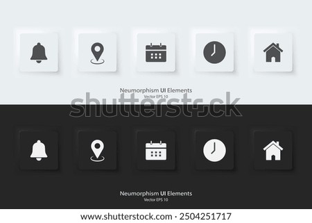 Notification, location, date, time, and address icon. flat icon. A set of square buttons with symbols. 3d  Neumorphism element design for apps, websites, and Interfaces. UI UX. Vector illustration.