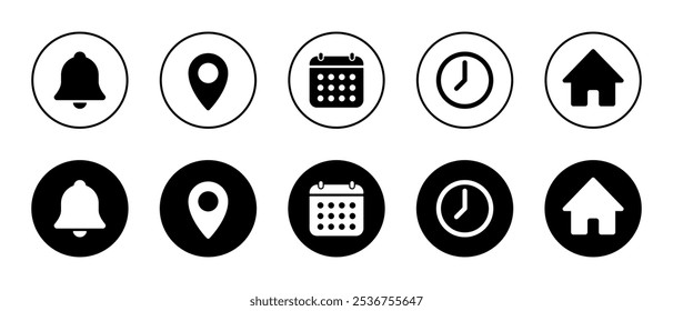 Notification, location, date, time, and home icon illustration on black circle. Bell, map pin, calendar, clock, and house sign symbol