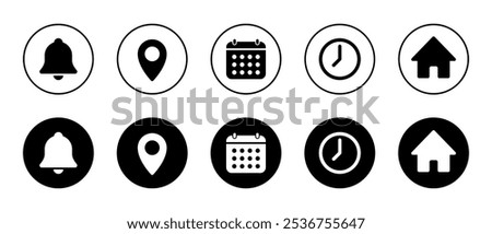 Notification, location, date, time, and home icon illustration on black circle. Bell, map pin, calendar, clock, and house sign symbol