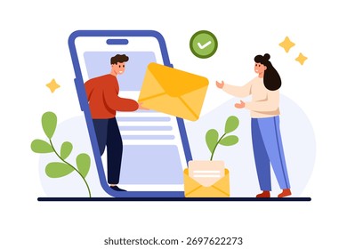 Notification of mail platform about new email in mobile app, subscription. Tiny person from phone screen giving SMS message or newsletter in paper envelope to customer cartoon vector illustration