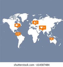 notification map, likes, responses, follower, comment orange icons on blue white world map. Vector illustration. Blogger news on the world map background 