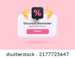Notification or message about a gift coupon for the purchase or subscription of a product. Discount pop up box with a percent sign and a bell. 3d vector illustration