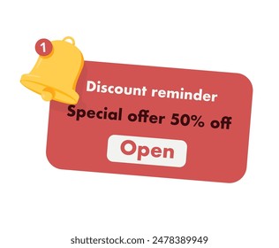 Notification or message about a gift coupon for the purchase or subscription of a product. Discount pop up box with a percent sign and a bell. Cartoon vector illustration