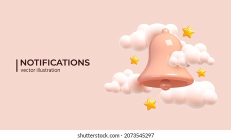Notification message bell icon alert and alarm icon. Bell notification Icon with gently pink clouds and stars in trandy colors. Realistic 3d object. 3d vector illustration.