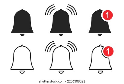 Notification message bell icon set. Monochrome bells signs in fill and outline style. Template design for alarm clock, incoming message, social media, ui, ux, ringing bell. Vector illustration