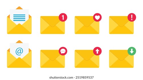 Ícone de vetor de notificação, mensagem ou email definido isolado no plano de fundo branco. Coleção de ícones de mensagem de envelope. Ilustração de vetor de notificação de mensagem de entrada.