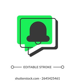 Notification message offset shadow line icon. Bell ring in speech bubble. Alarm signal warning about event. Bold outline symbol with solid green fill. Modern flat illustration. Editable stroke