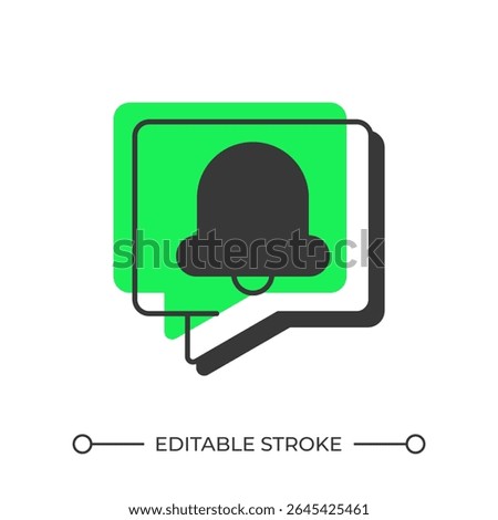 Notification message offset shadow line icon. Bell ring in speech bubble. Alarm signal warning about event. Bold outline symbol with solid green fill. Modern flat illustration. Editable stroke
