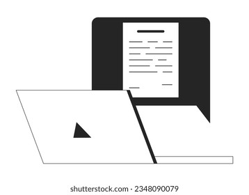 Mensaje de notificación sobre el objeto vector aislado monocromo plano del portátil. Oficina de computadoras portátiles. Dibujo de arte en blanco y negro editable. Ilustración simple de la mancha para el diseño de gráficos web