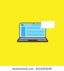 A notification message pops up on the laptop in a yellow background