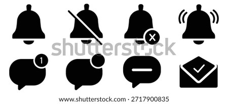 Notification and message status icon set with bell alerts, new unread and read messages, mute and disabled notification symbols for apps, dashboards and UI interfaces. Solid Bell icons- Silhouette