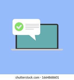 Notification messages on computer laptop with or pc with approved check list vector flat cartoon isolated, illustrated computer screen with online notices or updated task modern design
