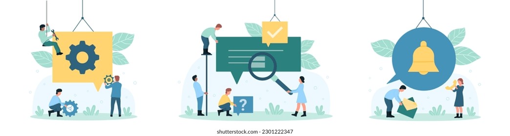 Los mensajes de notificación establecen la ilustración vectorial. Pequeñas personas con dibujos animados sosteniendo burbujas con mensajes de texto o correo electrónico, información o conversación de chat en medios sociales, suenan timbre de recordatorio o apoyan a chatbot