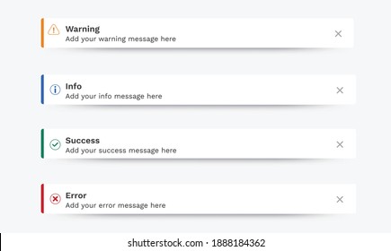 Mensajes de notificación, Correcto, Advertencia, Error, Información. Toast, notificaciones push, notificaciones pop-up, popup pasivo, snack bar, mensaje de notificación de escritorio para diseño web, móvil. Elementos de la interfaz de usuario del vector.