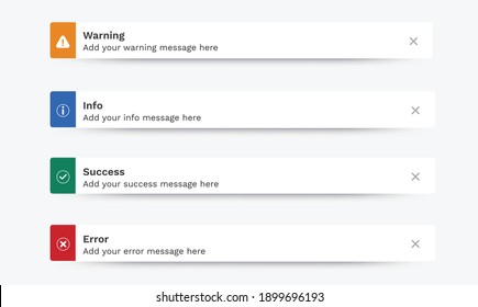 Notification messages, Success, Warning, Error, Info. Toast, push notification, pop-up notification, passive popup, snack bar, desktop notification message for web design, mobile. Vector UI Elements.