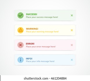 Notification messages for web design. Success, Warning, Error, Info message.
