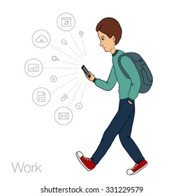 Notification in mobile smartphone. Cartoon man with mobile smartphone notification. Vector man with mobile phone. Cartoon man with mobile smartphone notification