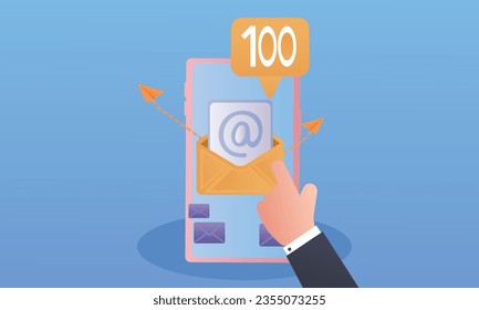 Notification of a new message on a smartphone in hand. Letter, e-mail.on blue background.Vector Design Illustration.