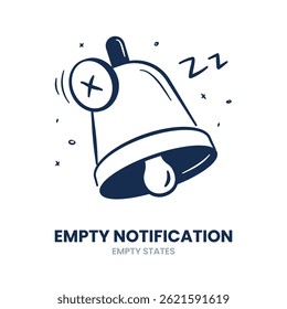 Notificação, sem notificação, sem alertas, modo silencioso, notificação desativada, sem mensagens, atualizações zero, campainha vazia, sem atividade, limpar status. Ilustração de vetor