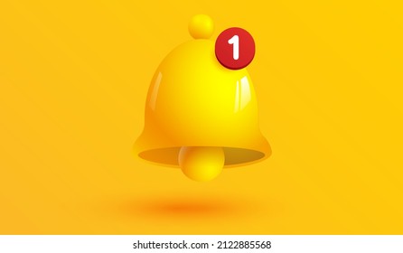 notification number alarm symbol icon isolated on yellow background. yellow bell sign with new subscriber for social media reminder. 3d vector illustration 