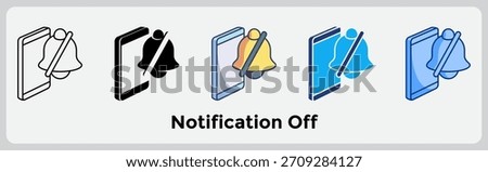 Notification Off icon conveys reduced alerts for calmer digital environments. Line, Filled, Color, Blue style.