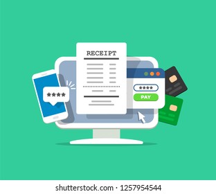 Notification on financial transaction. Computer with electronic receipt. Online payment confirmation via SMS.
Vector illustration in flat style.