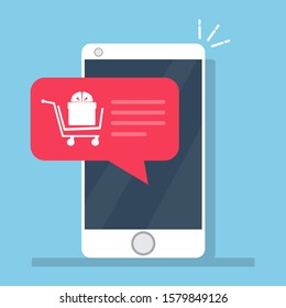 Notification On Mobile Phone Vector Illustration, Concept Of New Online Order Message On Smartphone, Ecommerce Sale Push Notification. Mobile Phone With Shopping Cart Full, Red Speech Bubble.