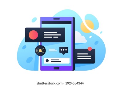 Notification on mobile screen vector illustration. Smartphone and ring for new message flat style. Technology and communication concept. Isolated on white background