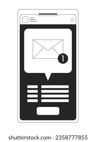 Notification on smartphone bw concept vector spot illustration. New message 2D cartoon flat line monochromatic object for web UI design. Receiving email editable isolated outline hero image