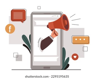 Aviso en la pantalla del smartphone. Mano con altavoz, metáfora para marketing y promoción en internet, publicidad. Chat o mensaje, SMS. Diseño de interfaz de usuario y UX. Dibujo vectorial plano de dibujos animados