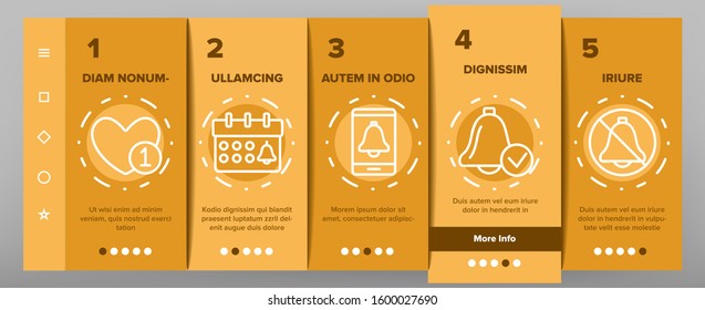 Notification Onboarding Mobile App Page Screen Vector. Ring Bell And Mail Message, Document File And Calendar Notification Illustrations