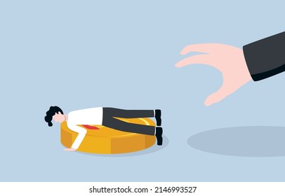 Notification to pay tax for individual income, avoiding payroll deduction, tax evasion concept. Businessman lying face down cover big dollar coin while big hand trying to take it.