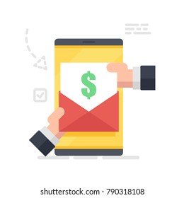 Notification of payment, envelope with money, money transfers via mobile phone, financial report and expenditure statistics flat vector illustration