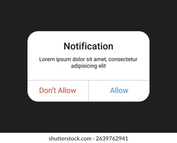 Notification pop up UI design with allow and don’t allow buttons on a dark background for mobile app and web alert interface in a minimal modern style
