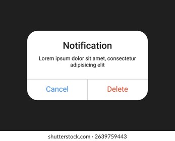 Notification pop up UI design with cancel and delete buttons on a dark background for mobile app and web alert interface in a minimal modern style