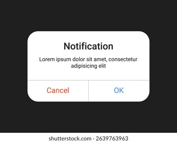 Notification pop up UI design with cancel and OK buttons on a dark background for mobile app and web alert interface in a minimal modern style