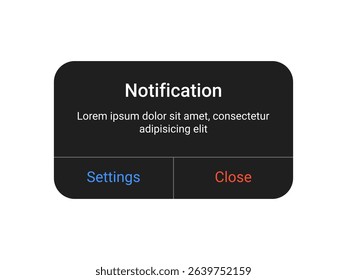 Notification pop up UI design with settings and close buttons for mobile app and web alert interface in a minimal modern style