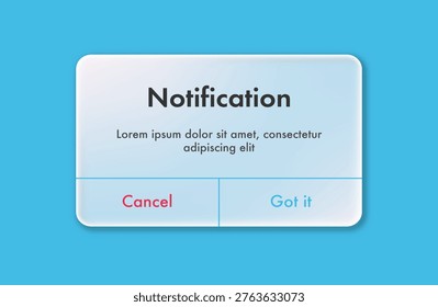 Notification popup alert ui interface alert window glassmorpism with button cancel and got it for app, mobile reminder, web, phone